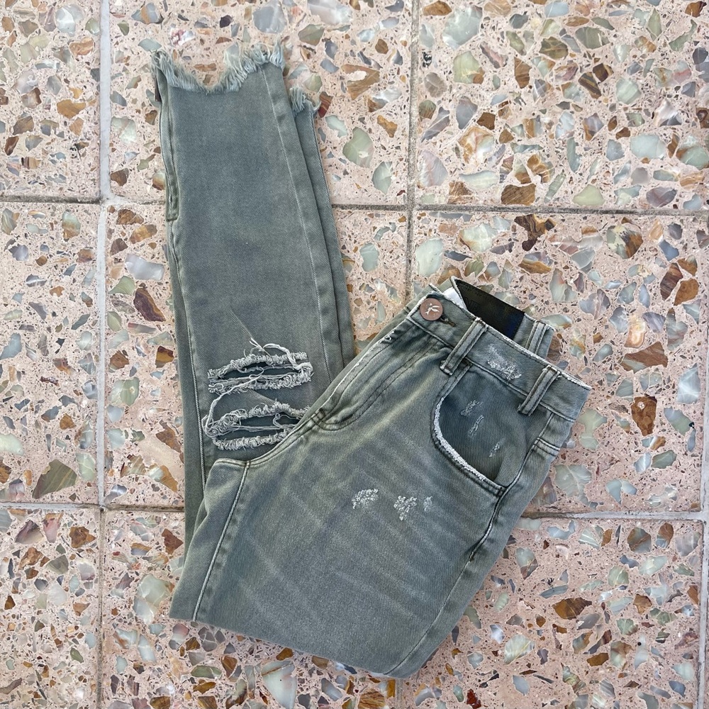 One Teaspoon Sage Green Distressed Raw Hem Skinny Denim Jeans - Picture 2 of 4